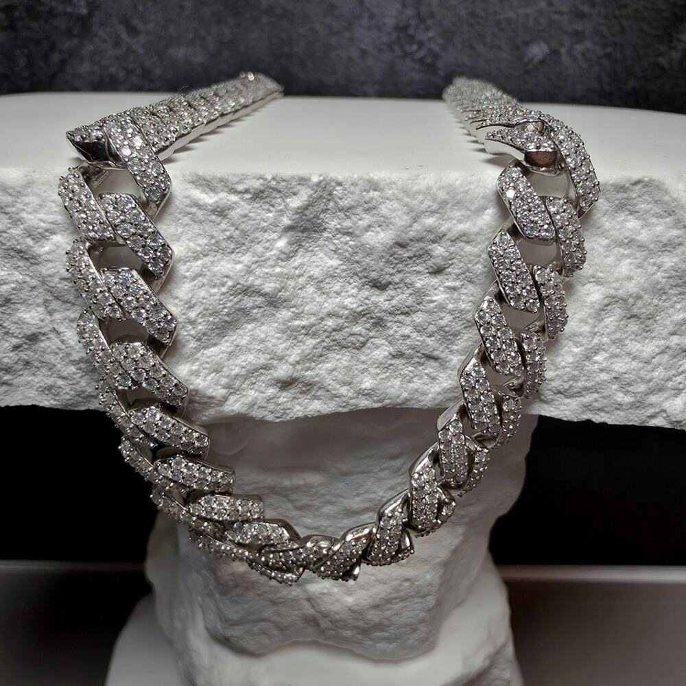 22" 10.4mm VVS D Moissanite Monaco Cuban Chain 18.86 CTTW 96g Solid 925 Silver